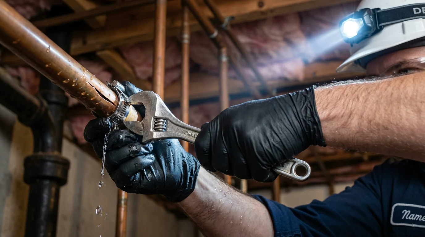 Emergency pipe clamp repair being performed by a Johns Plumbing LLC plumber in National Park