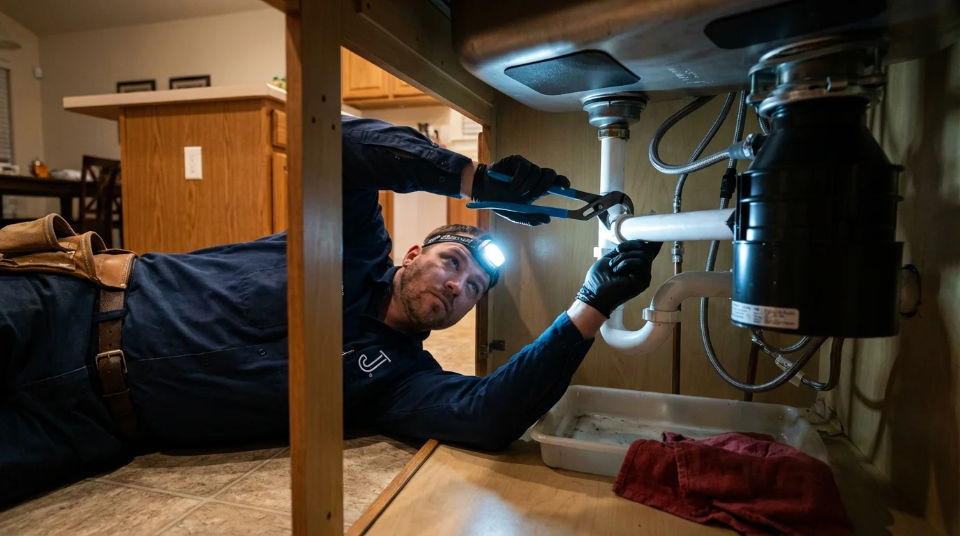 P-trap and supply line connections under a kitchen sink showing a common leak point in National Park, NJ